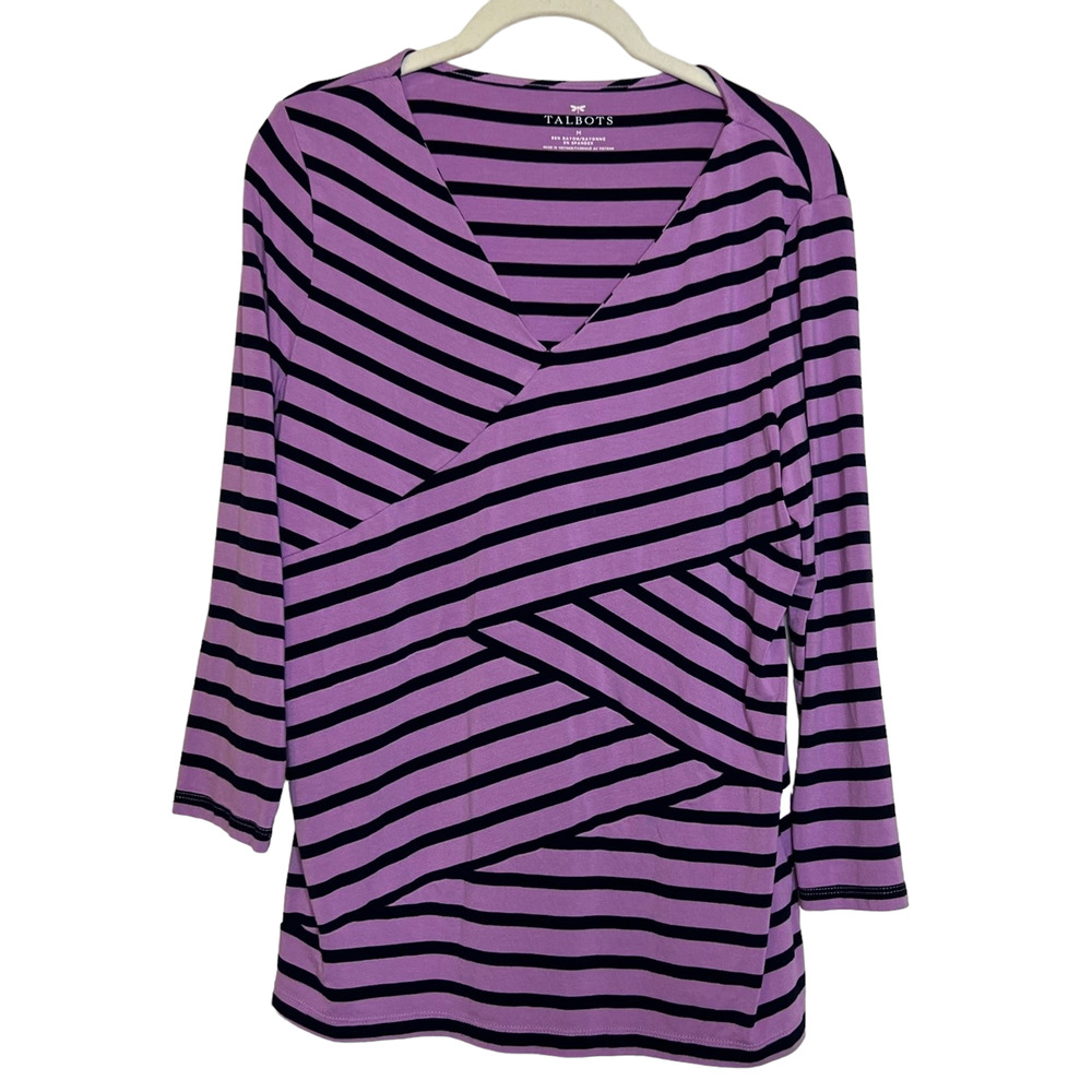 Talbots Womens Knit Top Medium Lavender Striped V-Neck 3/4 Sleeve Rayon Spandex